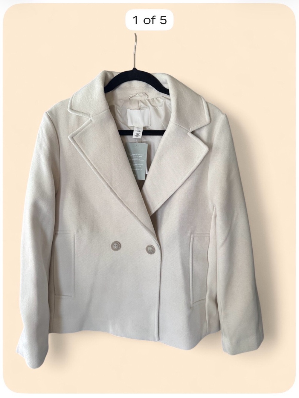 H&M Cream Double Breasted Peacoat Jacket Women’s L NWT Wool Blend Small